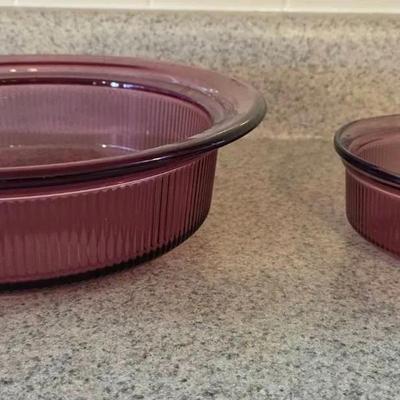 2 Vintage Corning Visions Cranberry Glass Casserole Dishes