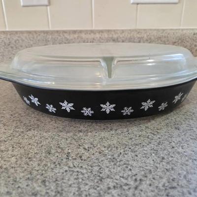 Vintage PYREX Black Snowflake Pattern Divided Casserole Dish With Lid