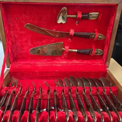 Vintage 19 Pc Siam Bangkok/Thailand Brass Buddha Dessert Flatware Set Wood Box