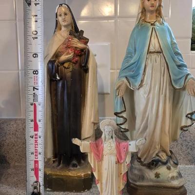Vintage Our Lady of Grace Virgin Mary, Saint Thérèse of Lisieux, Chalkware And Vintage Metage Jesus