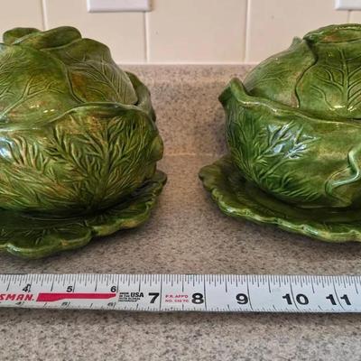 Set Of 2 Vintage Holland Mold Green Ceramic Cabbage Tureen With Lids And Underplates
