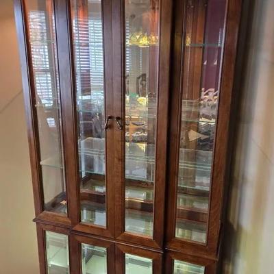 MCM Vintage Walnut Lighted, Mirrored Vitrine Display Cabinet With Glass Shelves