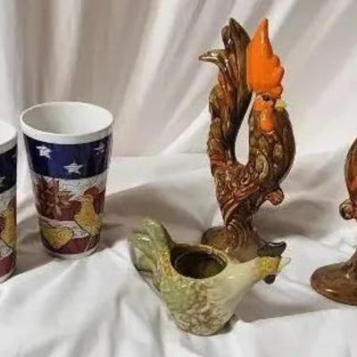 Ceramic Roosters & Drinking Glasses 