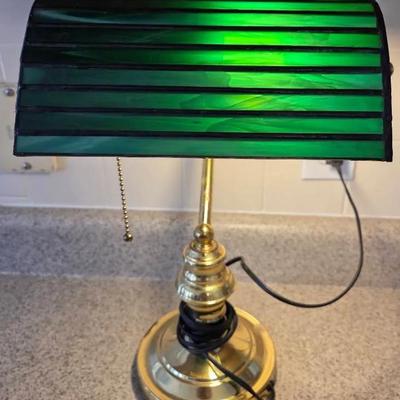 Brass Lamp With Green Stained Glass Shade