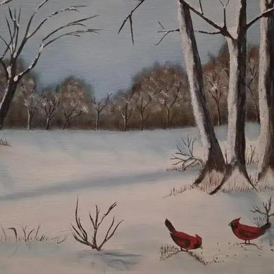 Vintage Painting on Canvas Featuring Two Cardinals in a Winter Landscape