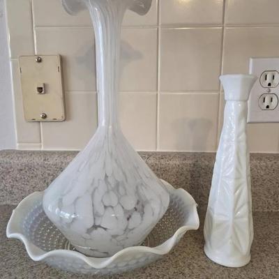 Vintage Opalescent Milk Glass Bowl Hobnail, Murano Style Vase Ruffled Top And Other