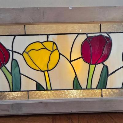 Stained Glass Panel With Tulip Pattern 13.5" X 34" With Frame