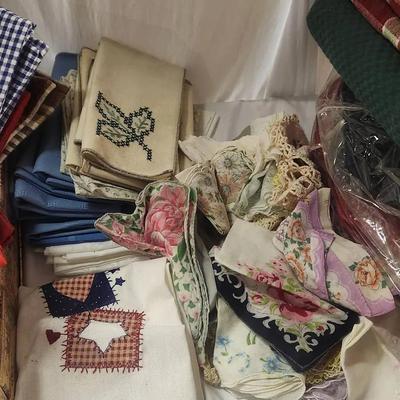 Group Of Soft Goods, Tablecloths, Napkins, Vintage Handkerchiefs 
