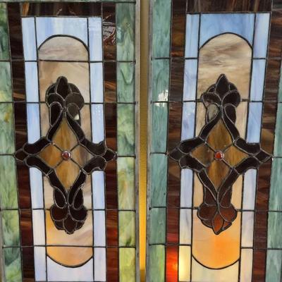 Set Of 2 Stained Glass Panel Vitorian Style  11.5" X 26.75"