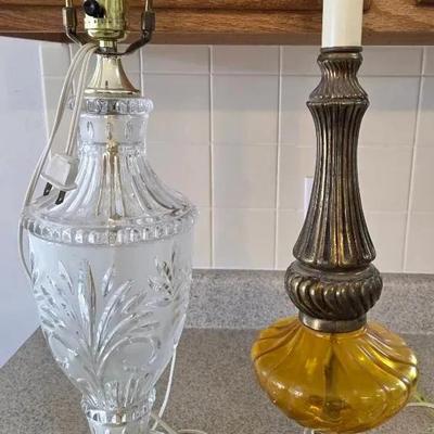 Vintage Brass And Amber Glass Lamp And Vintage Cut Crystal With Brass Lamp  No Shades