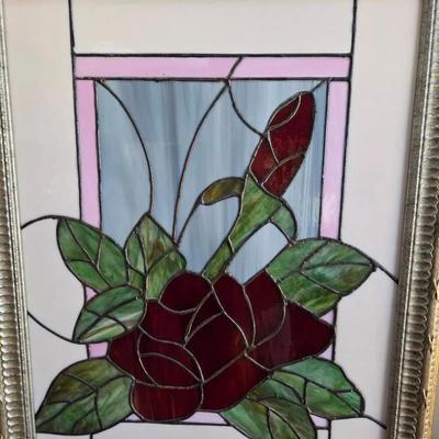 Stained Glass Panel With Rose Motif 19x23 With Frame