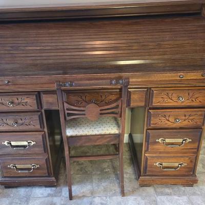 Solid Oak Roll Top Desk With Chair