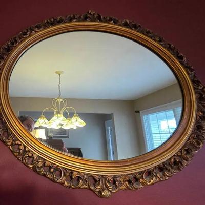 Large Gold Wood Frame Wall Mirror 35x29 Oval