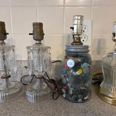 2 Vintage Cut Crystal Lamps, Mason Jar Button Lamp, Cut Crystal With Brass Base Lamp