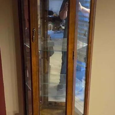 Illuminated Oak Finish Flat Back Curio Cabinet With Glass Shelves And Light