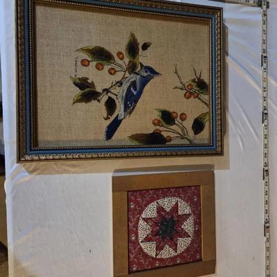 Vintage Reverse Glass Painting of a Blue Jay on a burlap background