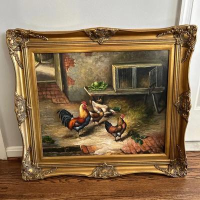 Large Framed Painting Of Chickens In The Henhouse