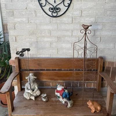 Outdoor Wood Bench With Yard Decor