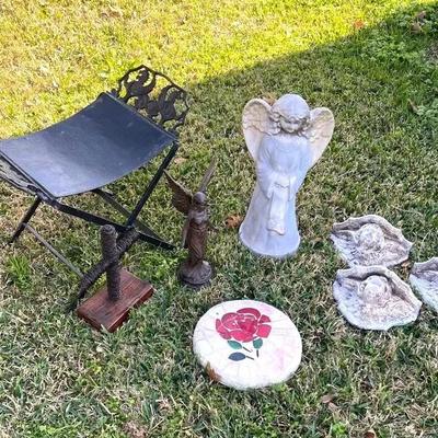 Metal Stool, Decorative Stepping Stone, Yard Art, Metal Angel, Metal Cross