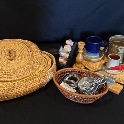 Kitchen Necessities including placemats, napkin rings, nut cracker, biscuit cutters