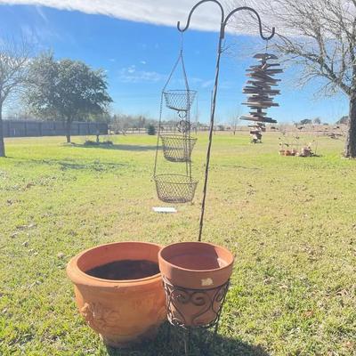 Terra-Cotta Pots, Metal Plant Hanger With Metal Baskets And Yard Art