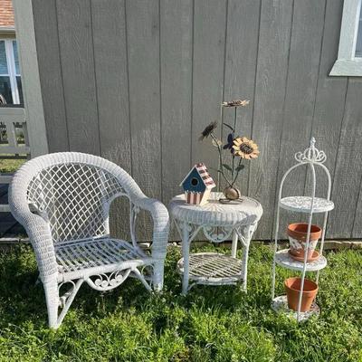 Wicker Chair And Small Table With  Metal Plant Stand 