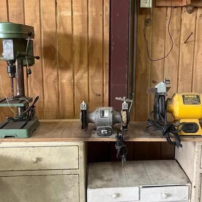 5 Speed Drill Press, Small Duracraft Bench Grinder, and Large DeWalt Bench Grinder