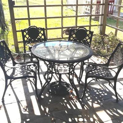   Metal Patio dining set with a glass-top table, Umbrella Stand 