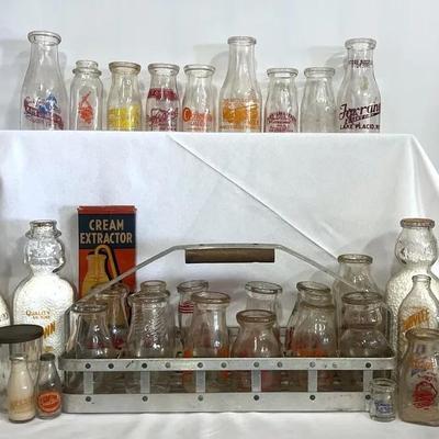 Collection of Vintage Milk Bottles, Crate, and Extras