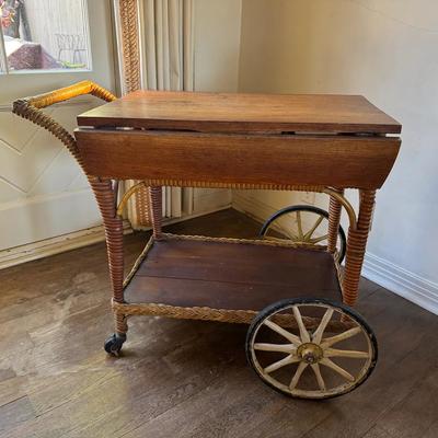 Vintage Tea & Serving Cart | Wicker Drawer, Wood Top & Wheels