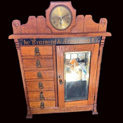 Antique Brainerd & Armstrong Co. Oak Jeweler’s Display Cabinet w/ Clock