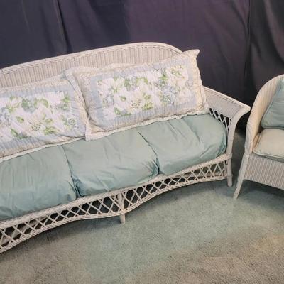 White Wicker Sofa & Matching Armchair | Cushions Included