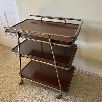 Vintage Rolling Bar or Utility Cart | Metal Shelves with Wood-Grain Finish