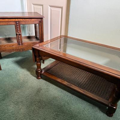 Antique-Style Oak Cabinet with Etched Glass Doors & Drop-Leaf  Coffee Table