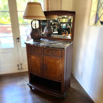 Marble-Top Buffet Cabinet with Mirror & Decorative Woven Basket Table Lamp