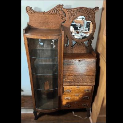 Carved Oak Secretary Desk with Glass Display Cabinet and Mirror Back