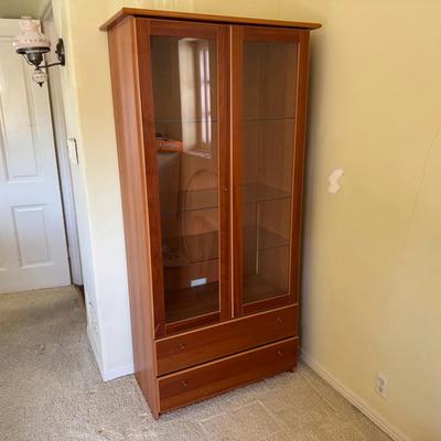 Modern Wood & Glass Display Cabinet w/ Drawers & Adjustable Shelves