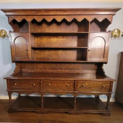 Vintage Oak China Hutch | Scalloped Crown, Drawers & Cabinet Storage