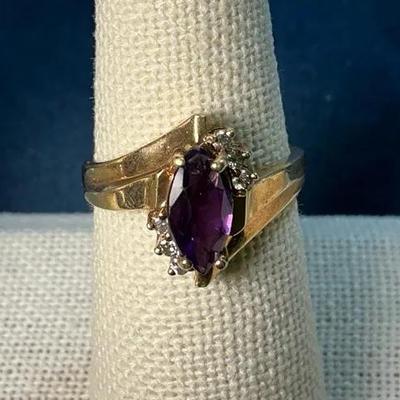 10k Plum Gold Marquis Cut Amethyst & Diamond Ring