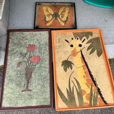 Hand Painted Framed Fabric Panels Giraffe, Roses, Butterfly