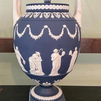 Wedgwood Blue Jasperware Lidded Urn 12.5"h