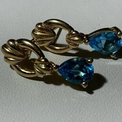 14kt Yellow Gold Blue Topaz Pear Shaped Earrings 