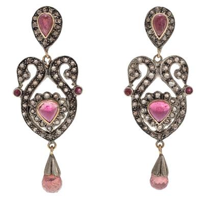 Sale Photo Thumbnail #497: Pair of Diamond, Tourmaline, 14k, Silver Earrings