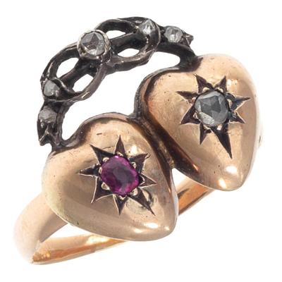 Sale Photo Thumbnail #271: Victorian Diamond, Ruby, 14k, Silver Twin Hearts Ring