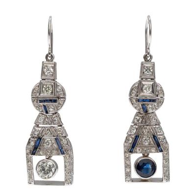 Sale Photo Thumbnail #517: Pair of Diamond, Sapphire, 14k White Gold Earrings