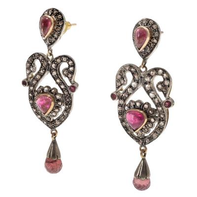 Sale Photo Thumbnail #498: Pair of Diamond, Tourmaline, 14k, Silver Earrings