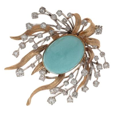Sale Photo Thumbnail #580: Mid-Century Turquoise, Diamond, 14k Spray Brooch
