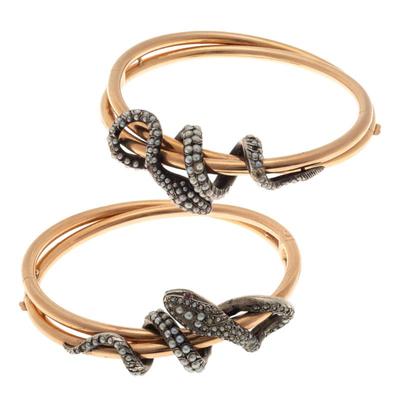 Sale Photo Thumbnail #478: Pair of Victorian Split Pearl, Ruby, 14k, Silver Snake Bracelets