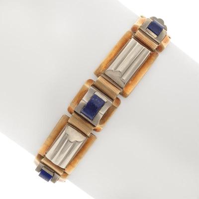 Sale Photo Thumbnail #21: Art Deco Lapis Lazuli, 14k Yellow and White Gold Bracelet