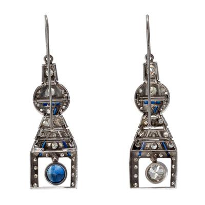 Sale Photo Thumbnail #519: Pair of Diamond, Sapphire, 14k White Gold Earrings